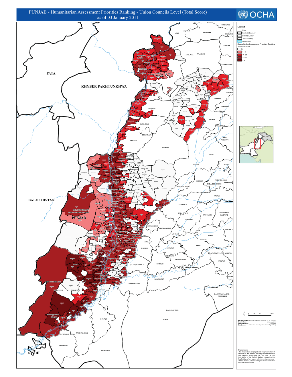 PUNJAB - Humanitarian Assessment Priorities Ranking - Union Councils Level (Total Score) As of 03 January 2011