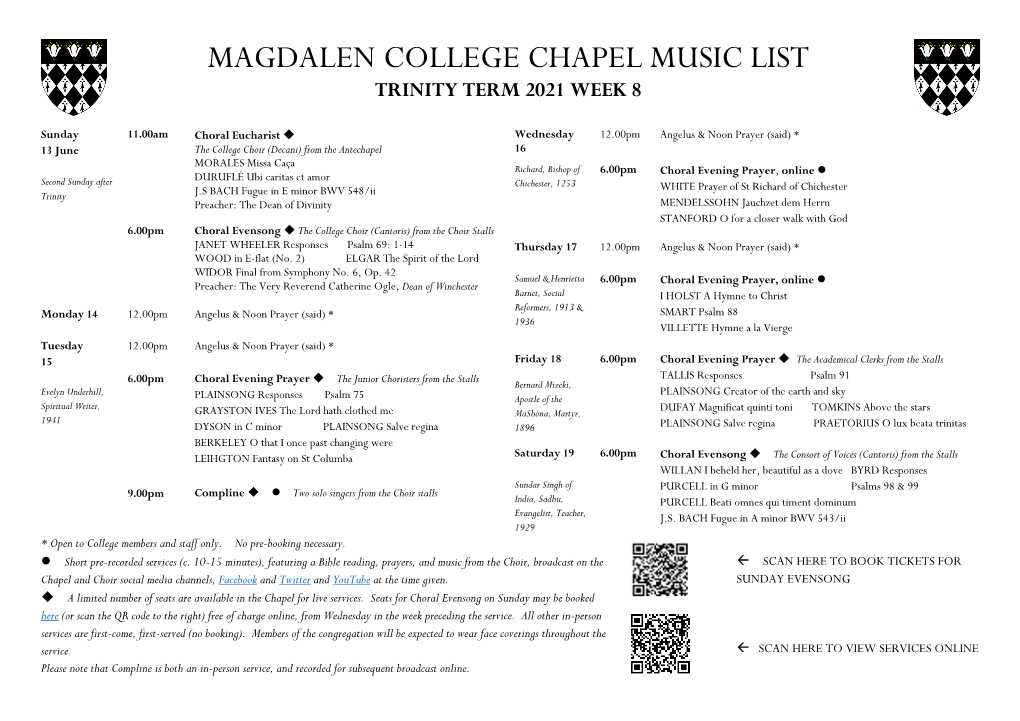 Magdalen College Chapel Music List Trinity Term 2021 Week 8