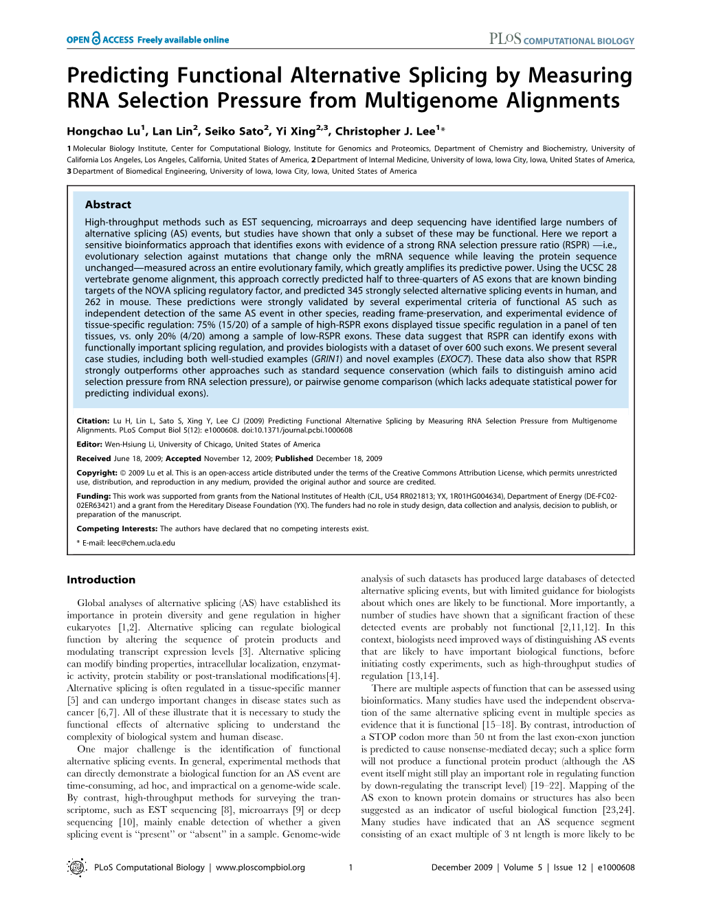 Predicting Functional Alternative Splicing by Measuring RNA Selection Pressure from Multigenome Alignments