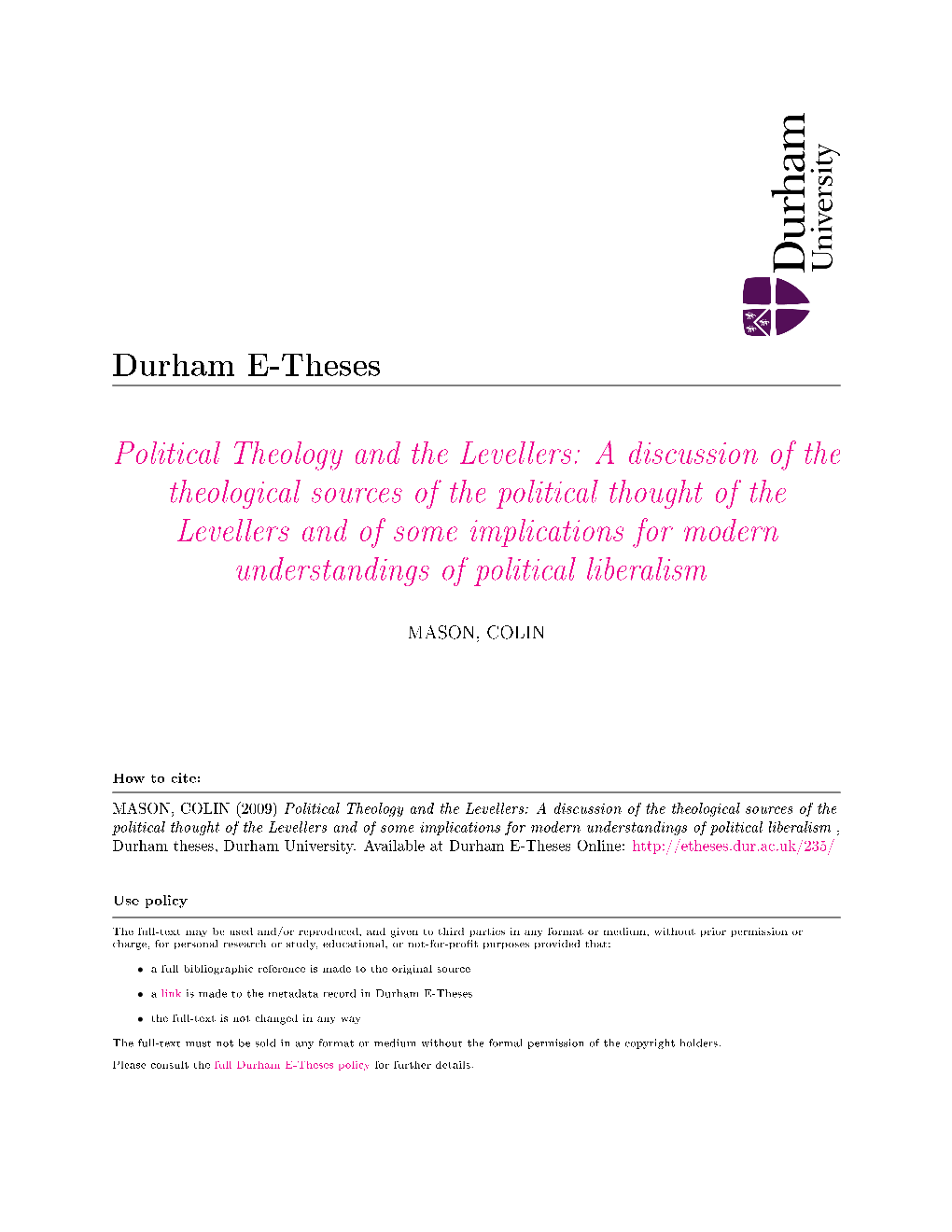 Political Theology and the Levellers: a Discussion Of