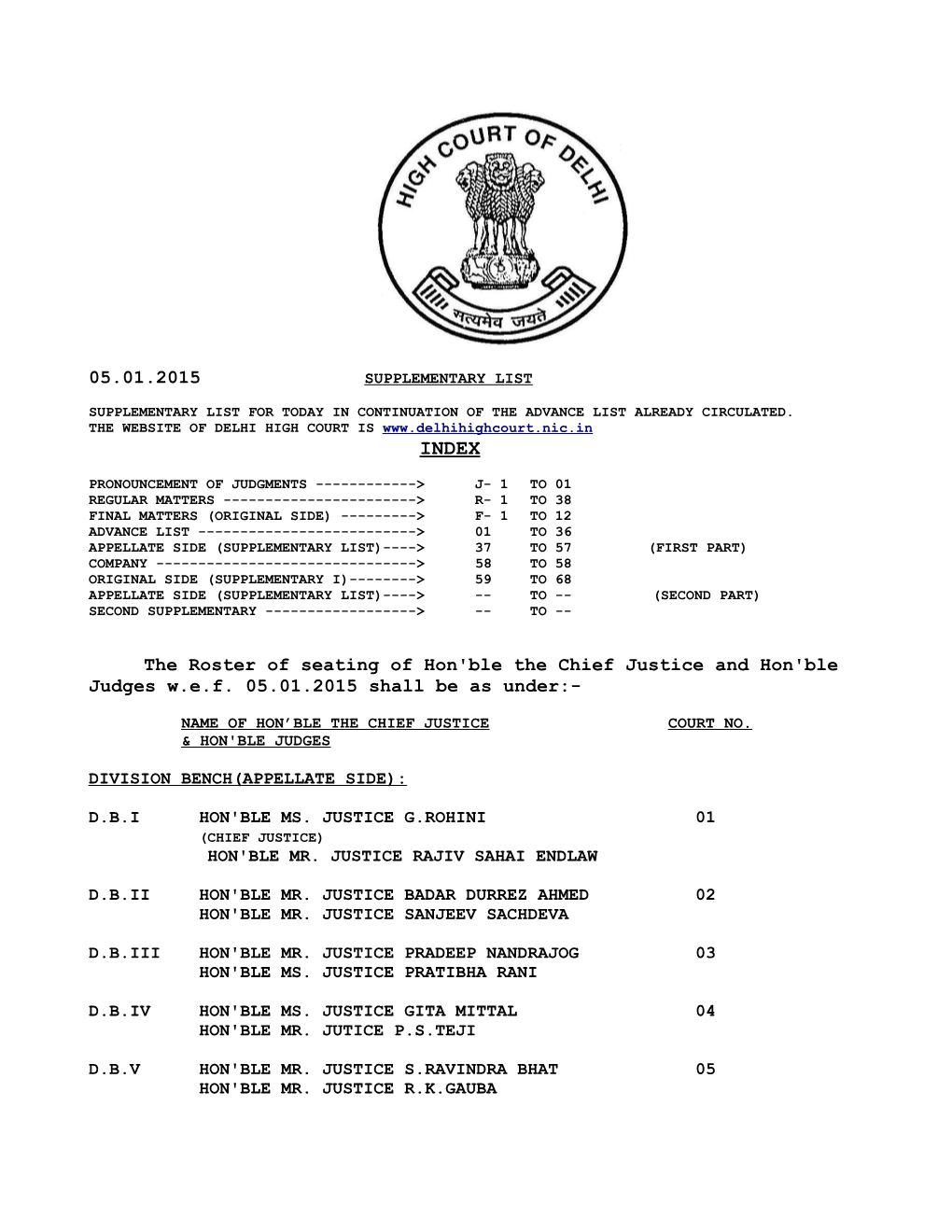 05.01.2015 the Roster of Seating of Hon'ble the Chief Justice and Hon