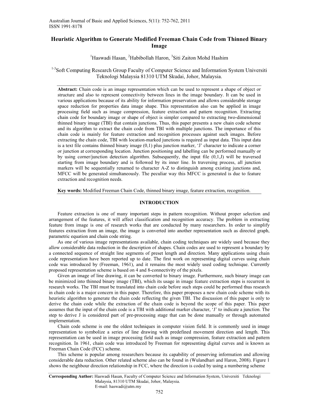 Heuristic Algorithm to Generate Modified Freeman Chain Code from Thinned Binary Image