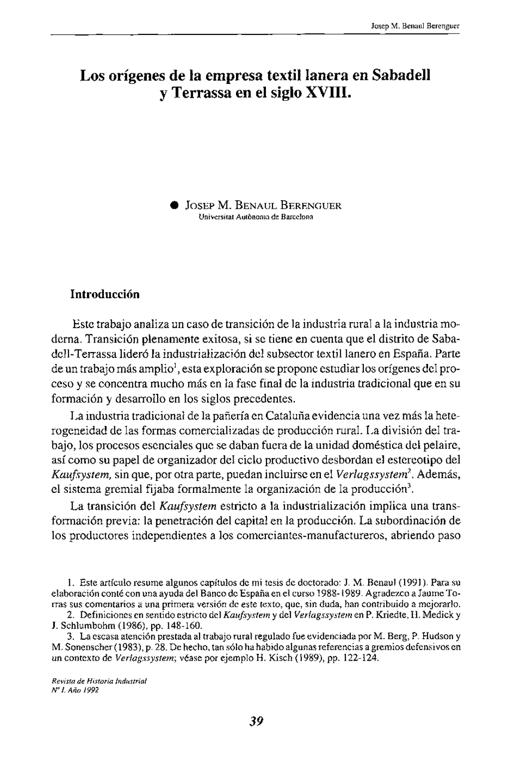 Los Origenes De La Empresa Textil Lanera En Sabadell Y Terrassa En El Siglo XVIII