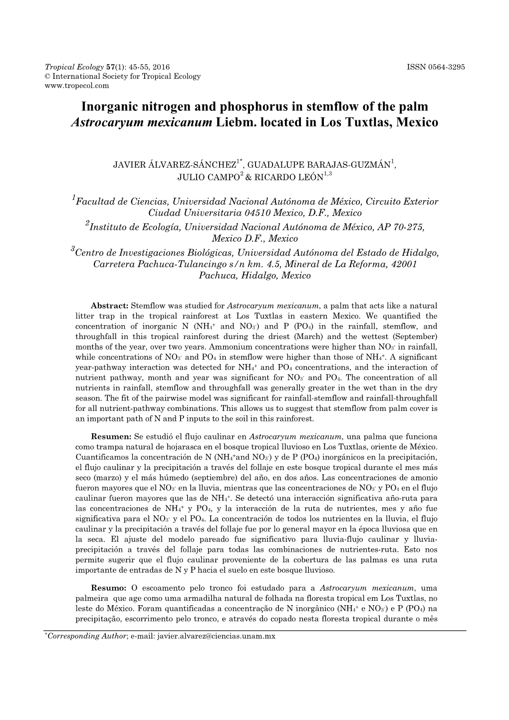 Inorganic Nitrogen and Phosphorus in Stemflow of the Palm Astrocaryum Mexicanum Liebm