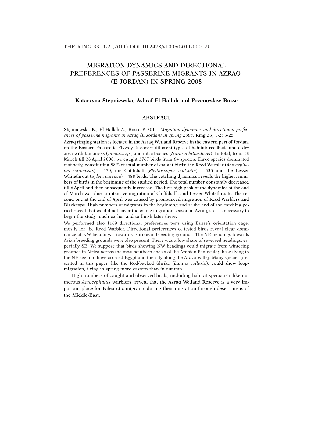 Migration Dynamics and Directional Preferences of Passerine Migrants in Azraq (E Jordan) in Spring 2008