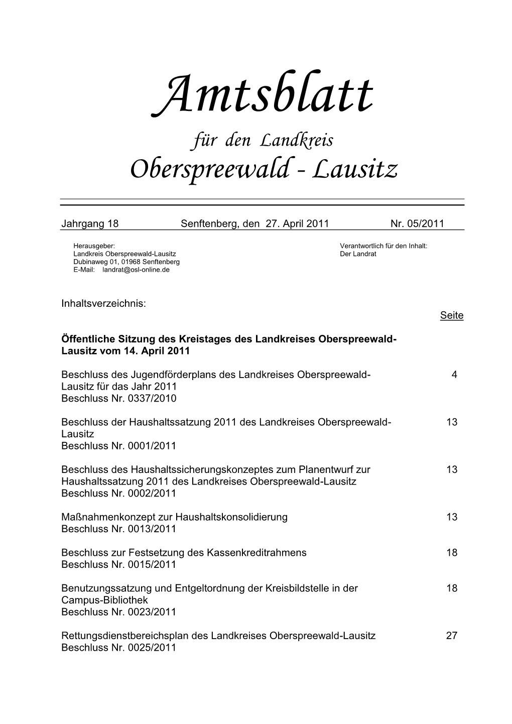 Amtsblatt Für Den Landkreis Oberspreewald - Lausitz