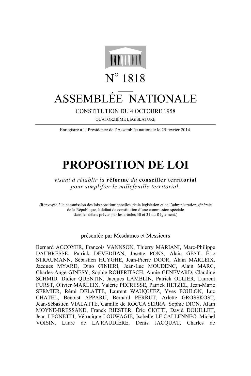 N° 1818 Assemblée Nationale Proposition De