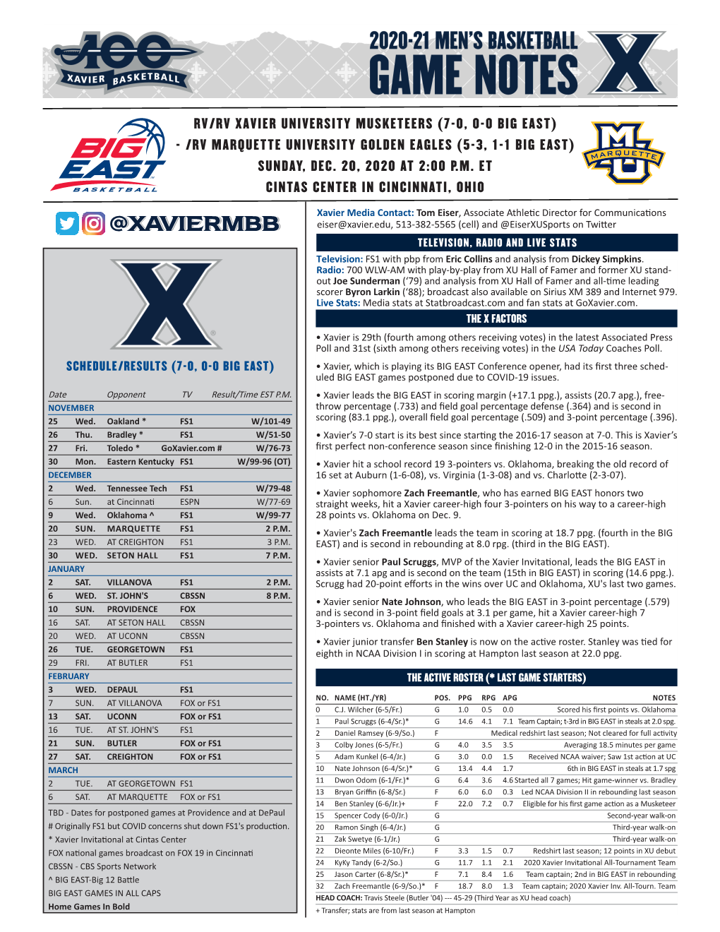 Rv/Rv Xavier University Musketeers (7-0, 0-0 Big East) - /Rv Marquette University Golden Eagles (5-3, 1-1 Big East) Sunday, Dec