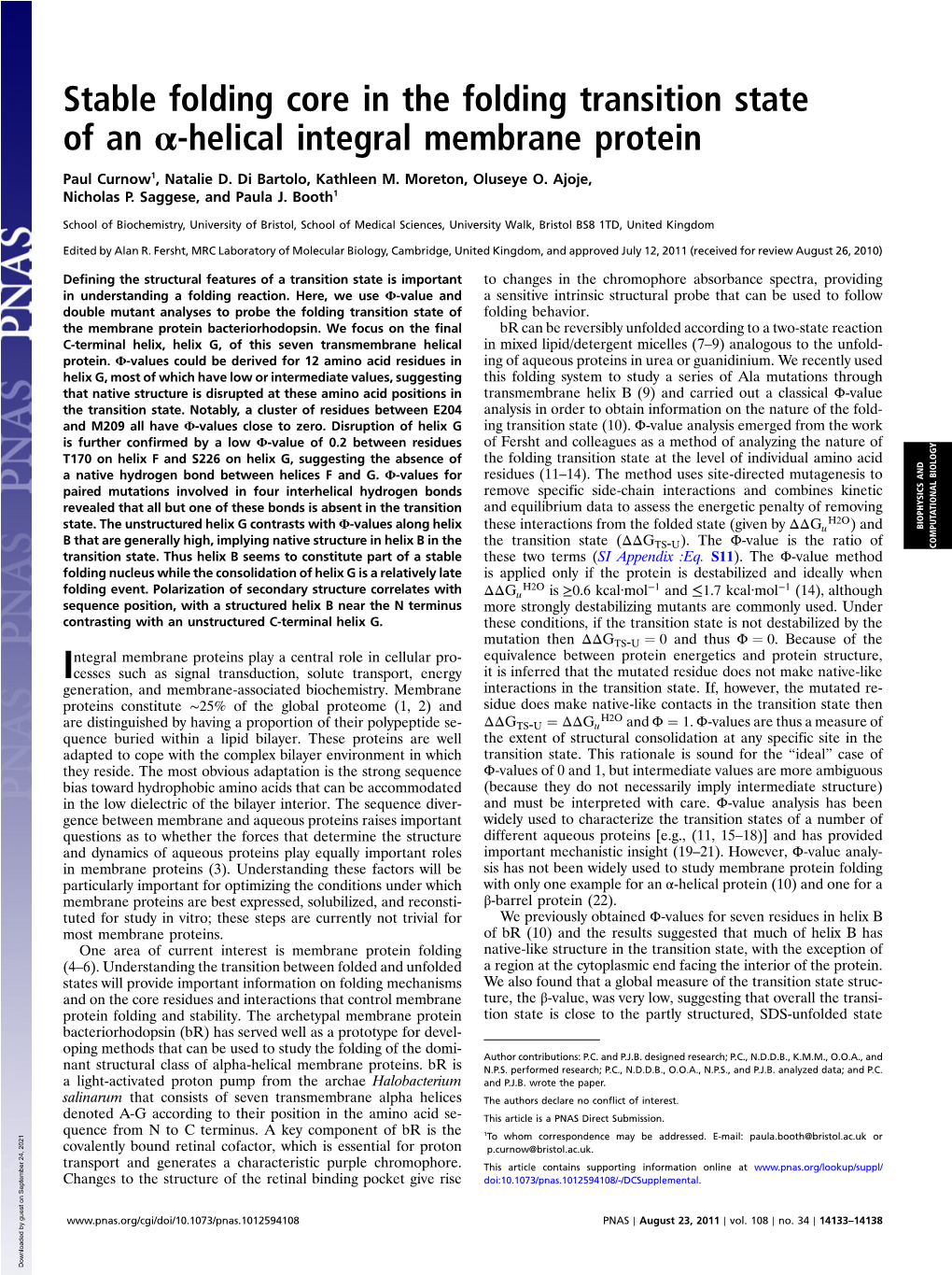 Stable Folding Core in the Folding Transition State of an Α-Helical Integral Membrane Protein