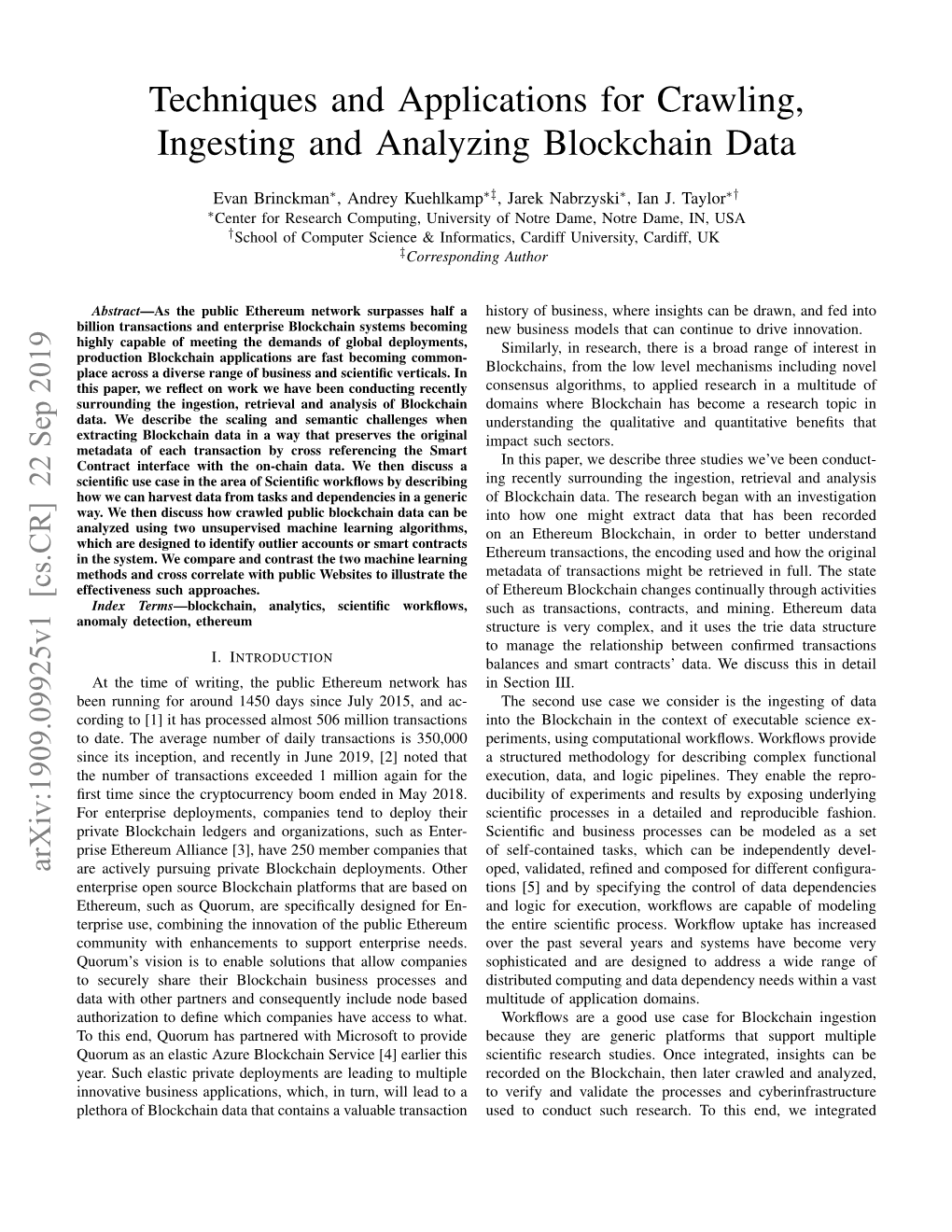 Techniques and Applications for Crawling, Ingesting and Analyzing Blockchain Data