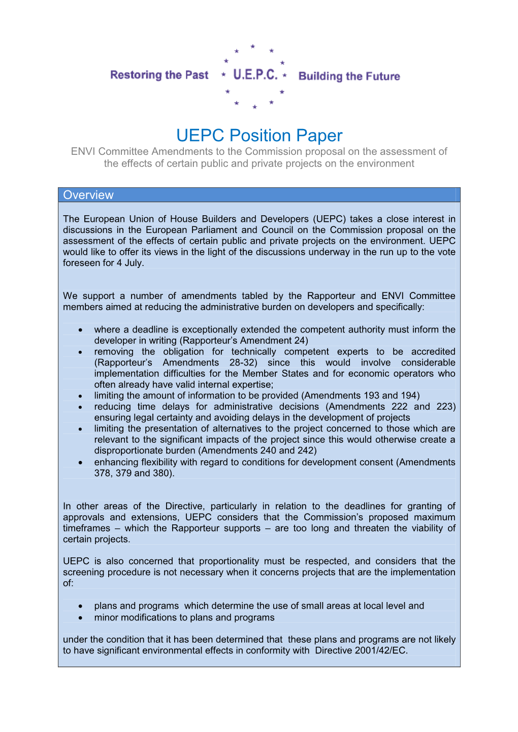 UEPC Position Paper ENVI Committee Amendments to the Commission Proposal on the Assessment of the Effects of Certain Public and Private Projects on the Environment