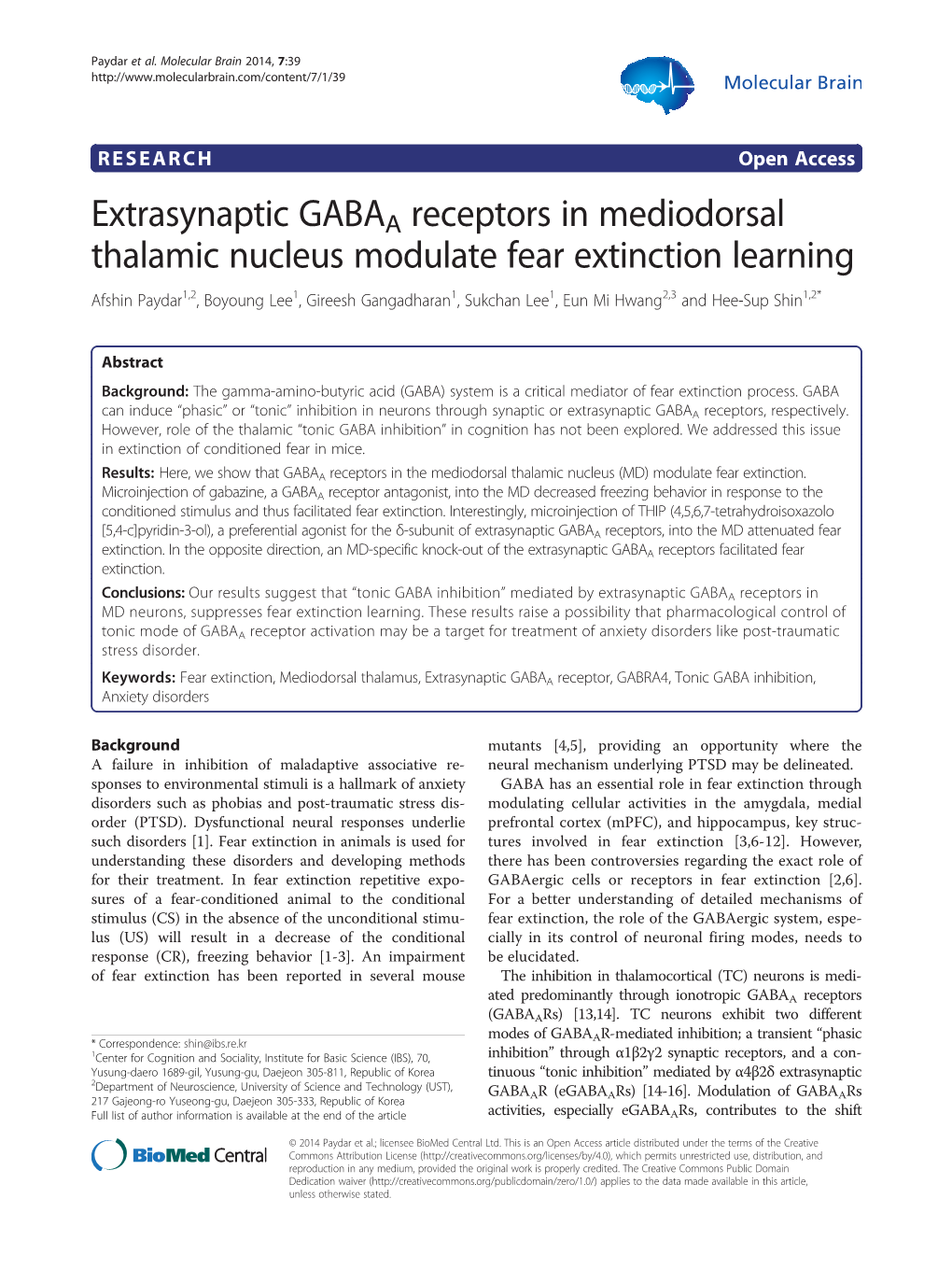 Extrasynaptic GABAA Receptors in Mediodorsal Thalamic Nucleus