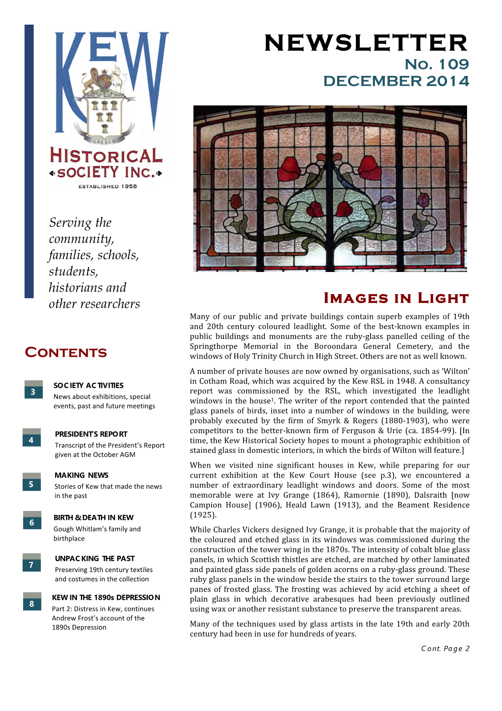 NEWSLETTER No. 109 DECEMBER 2014