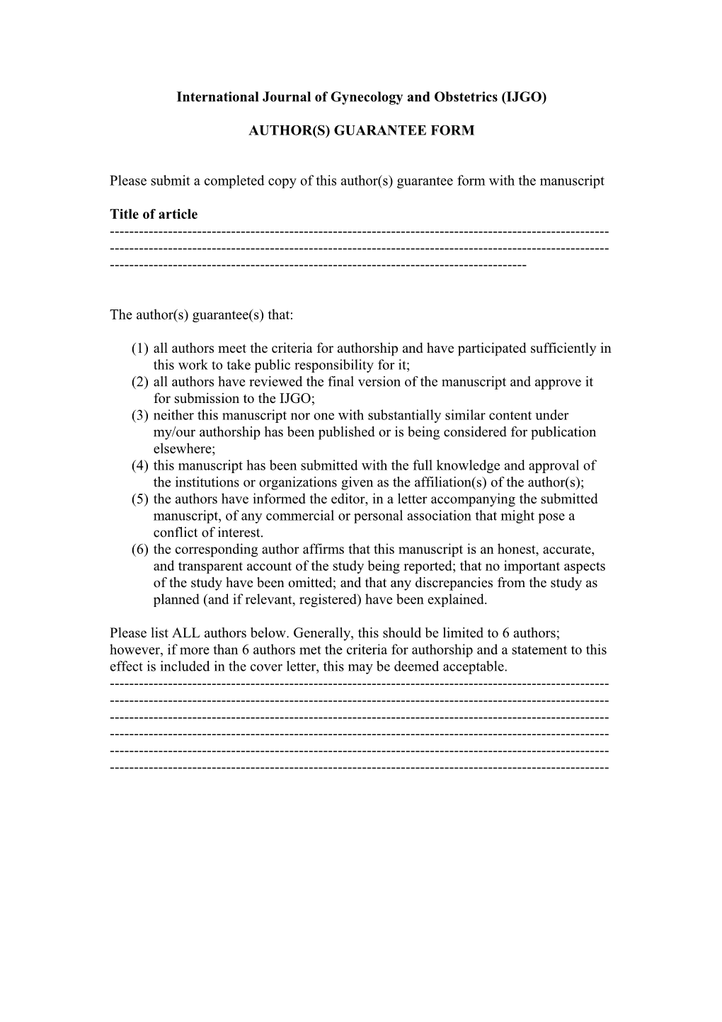 Author(S) Guarantee Form