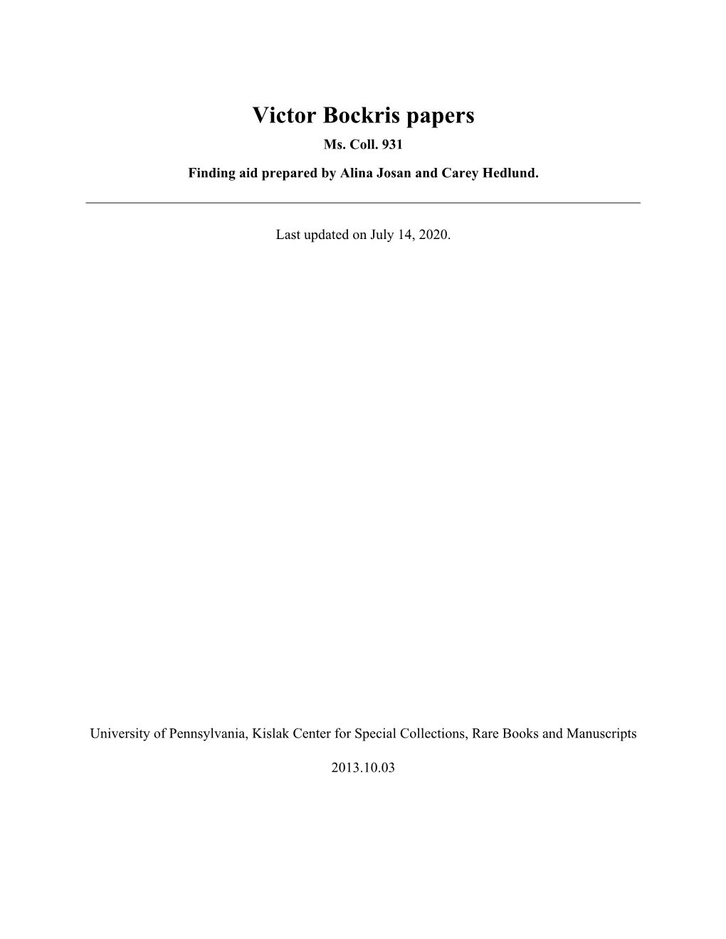 Victor Bockris Papers Ms