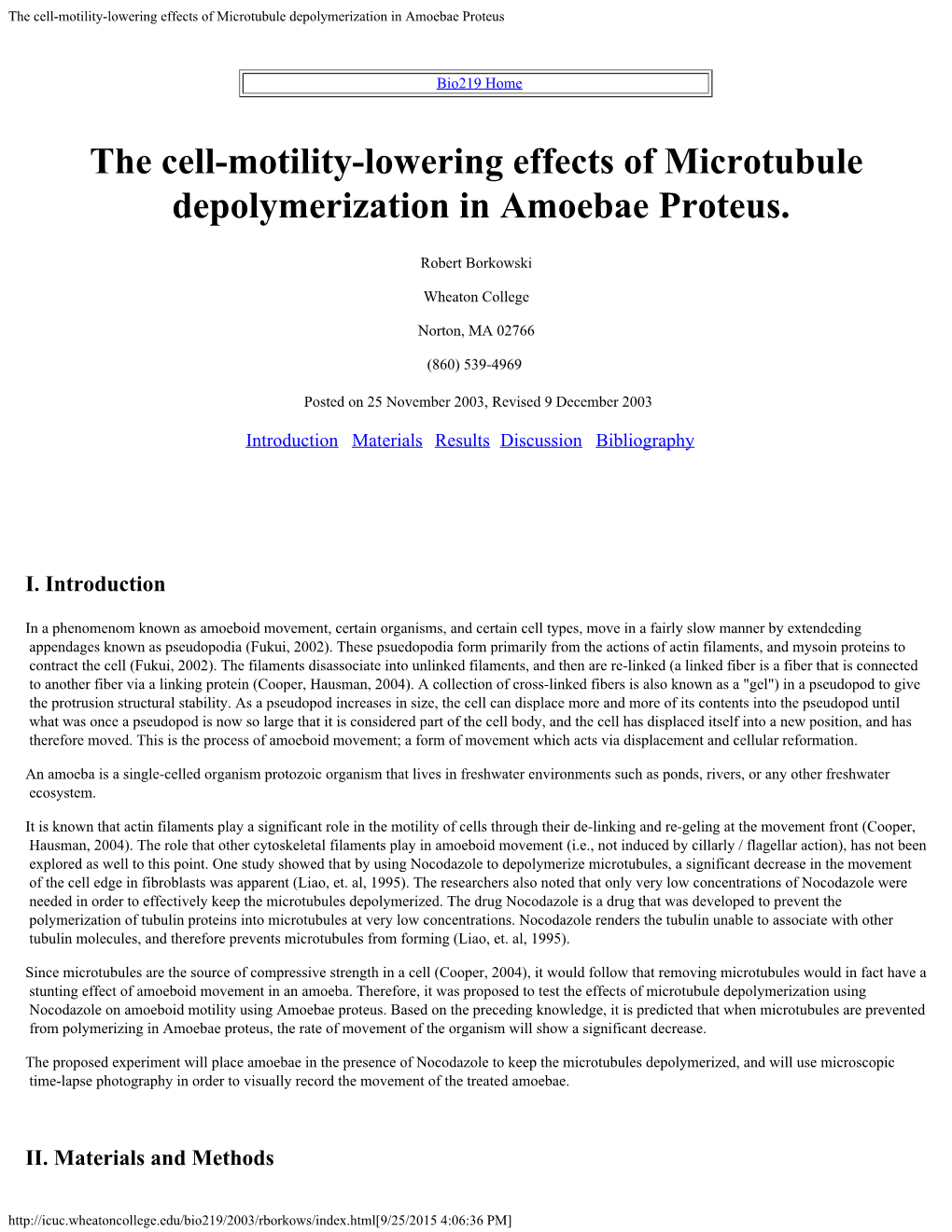 The Cell-Motility-Lowering Effects of Microtubule Depolymerization in Amoebae Proteus