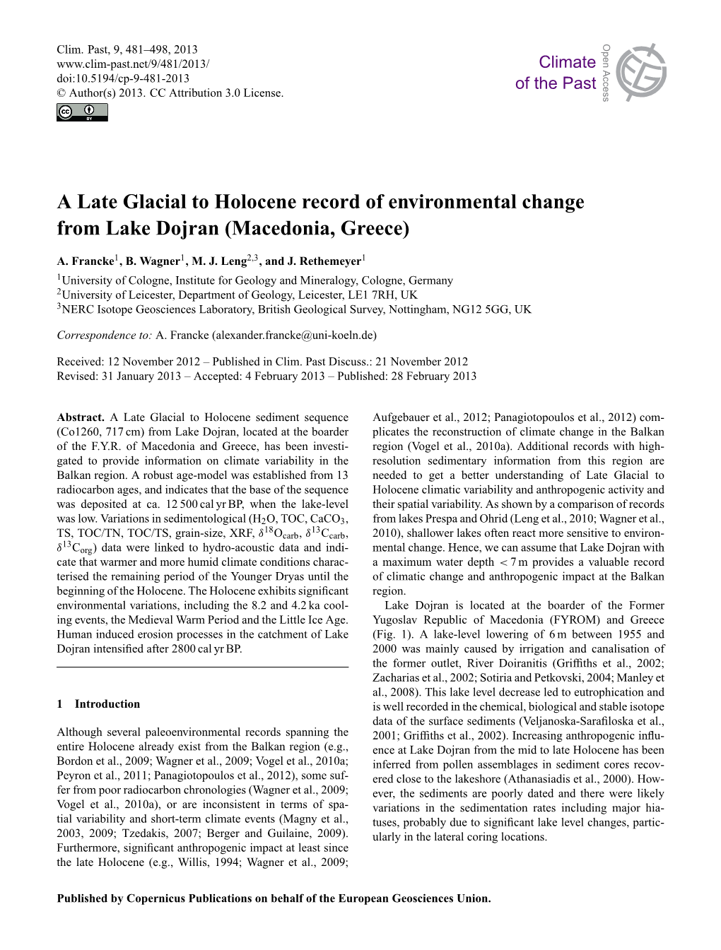 A Late Glacial to Holocene Record of Environmental Change from Lake Dojran