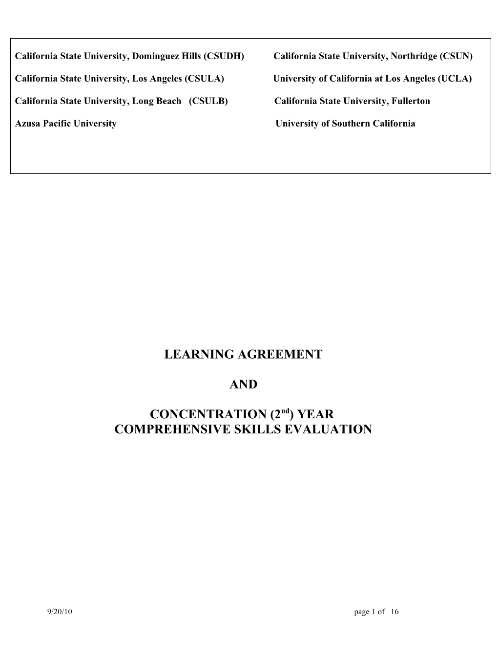 Learning Agreement Outline (To Be Completed Beginning of the Academic Year)