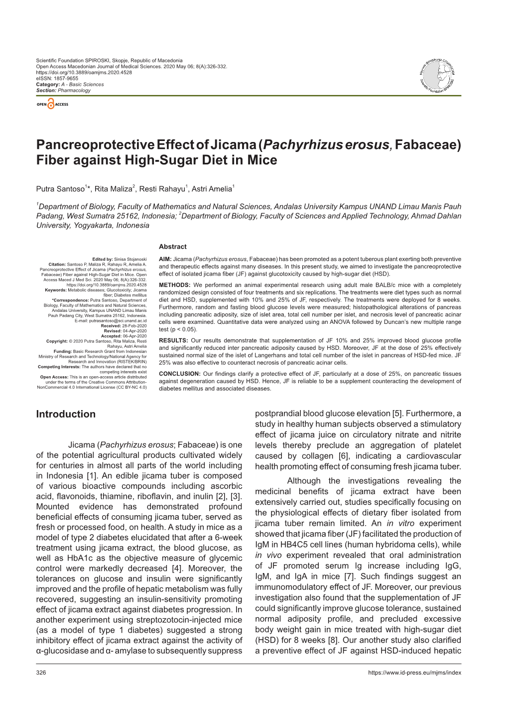 Pancreoprotective Effect of Jicama (Pachyrhizus Erosus, Fabaceae) Fiber Against High-Sugar Diet in Mice