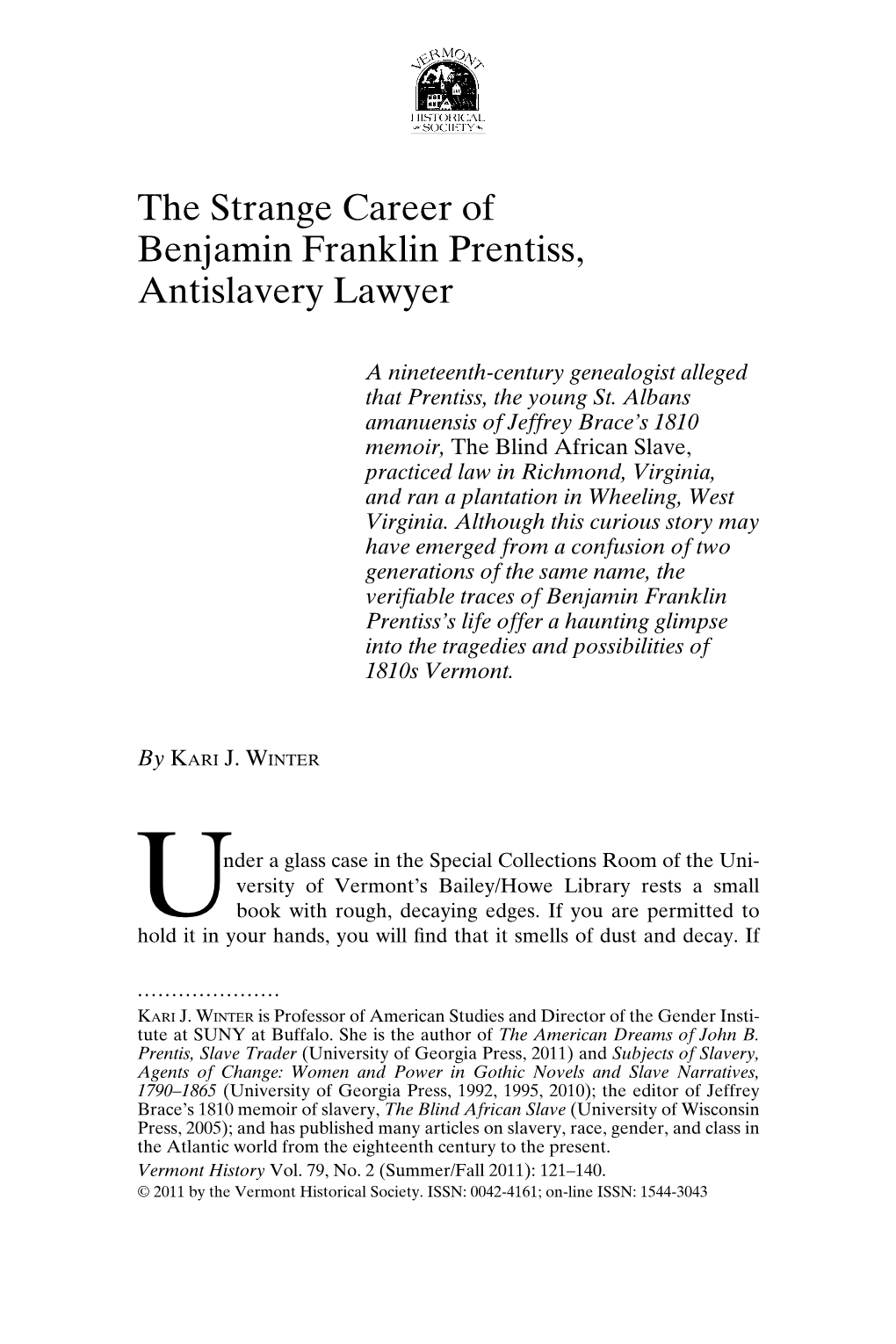 The Strange Career of Benjamin Franklin Prentiss, Antislavery Lawyer