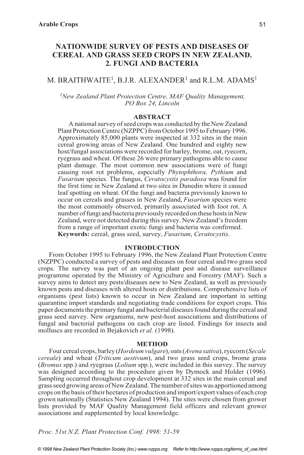 Nationwide Survey of Pests and Diseases of Cereal and Grass Seed Crops in New Zealand