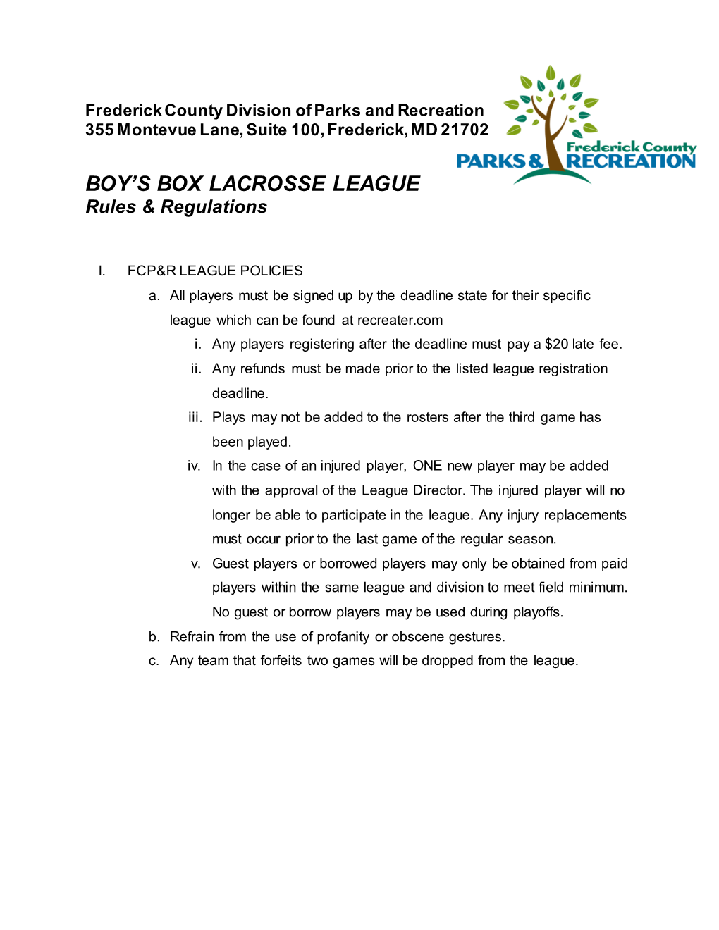 FCPR Box Lacrosse Rules