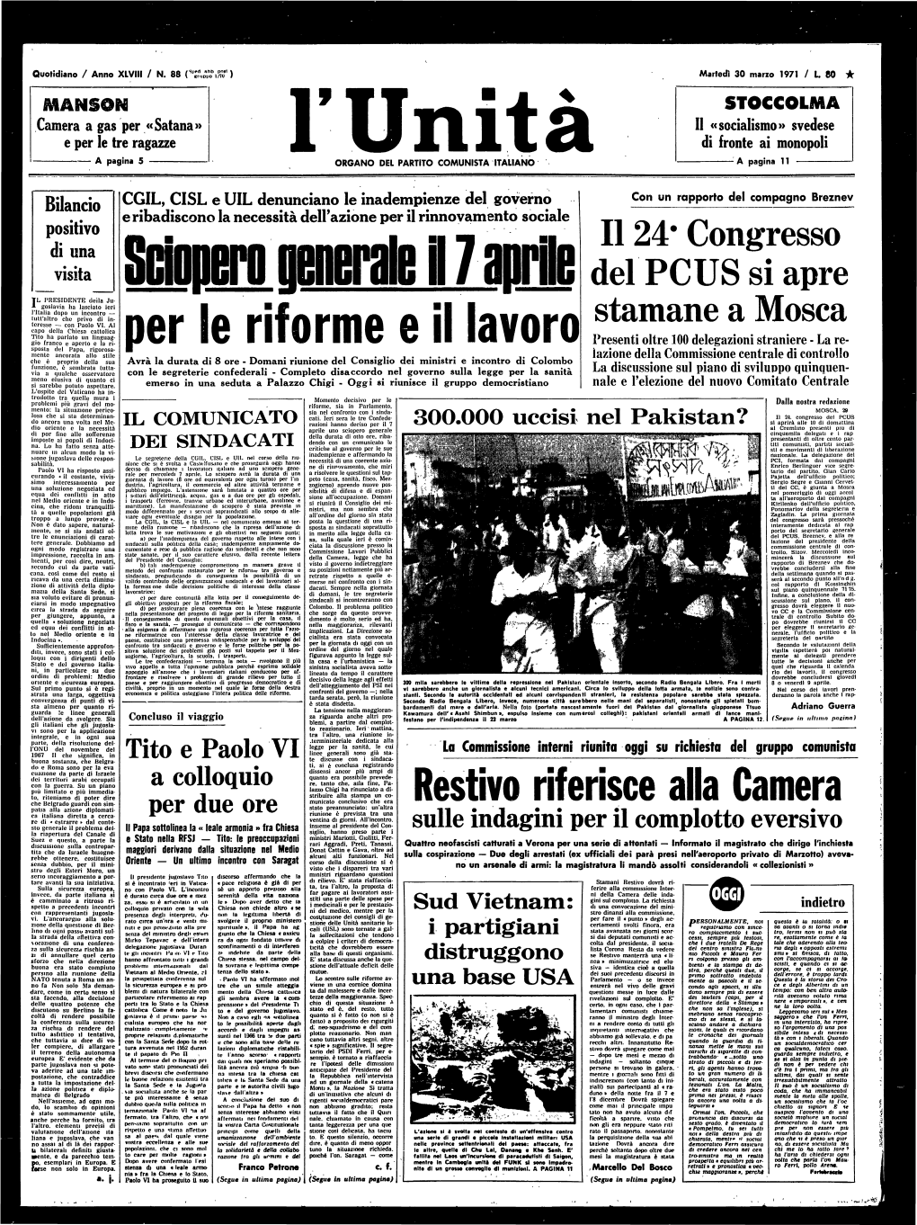 Tito E Paolo VI a Colloquio Per Due Ore Sulle Indagini Per Il Complotto
