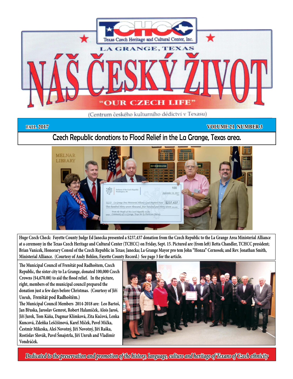 Czech Republic Donations to Flood Relief in the La Grange, Texas Area