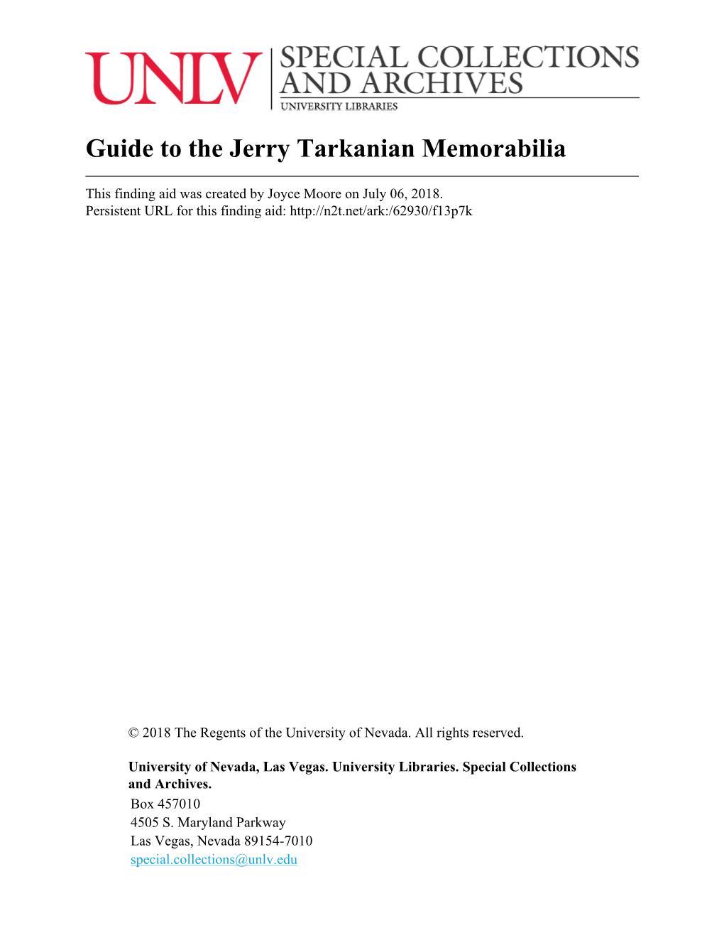 Guide to the Jerry Tarkanian Memorabilia