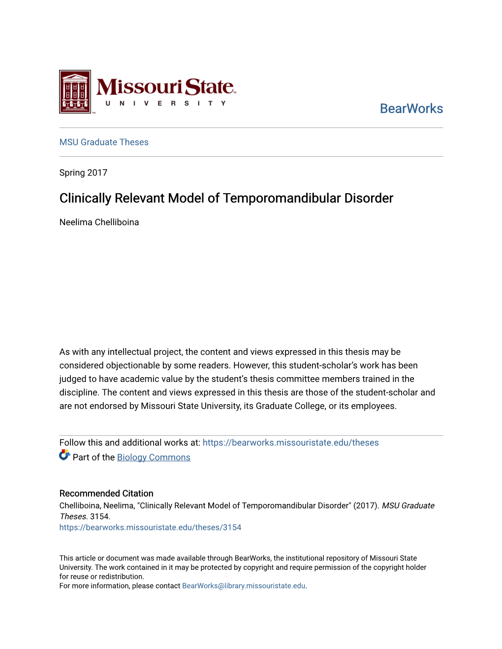 Clinically Relevant Model of Temporomandibular Disorder