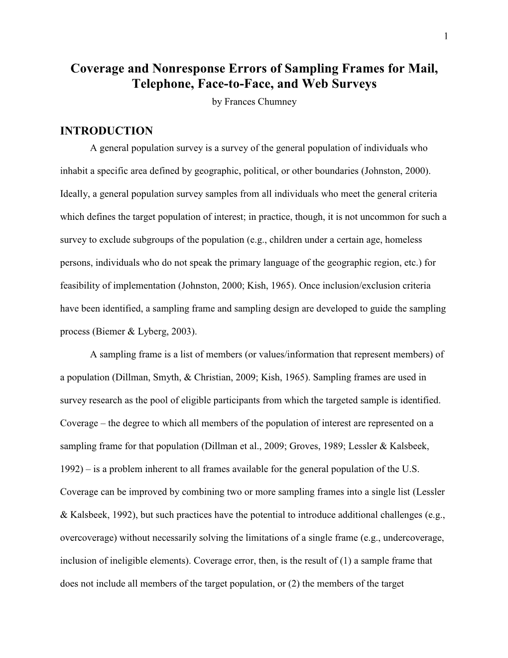 Coverage and Nonresponse Errors of Sampling Frames for Mail, Telephone, Face-To-Face, and Web Surveys by Frances Chumney