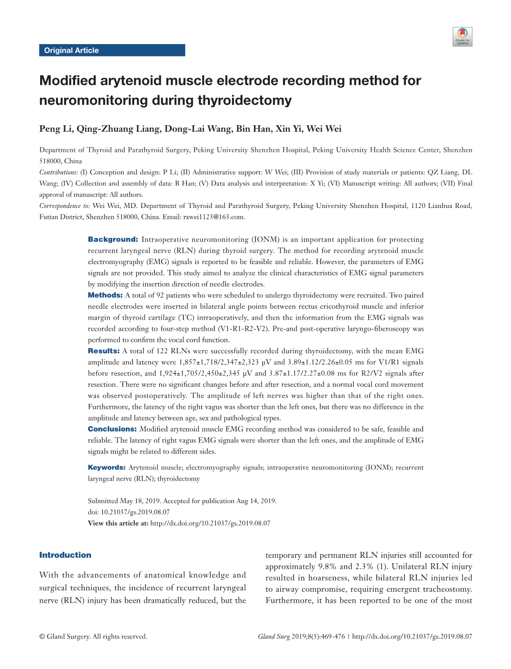 Modified Arytenoid Muscle Electrode Recording Method for Neuromonitoring During Thyroidectomy