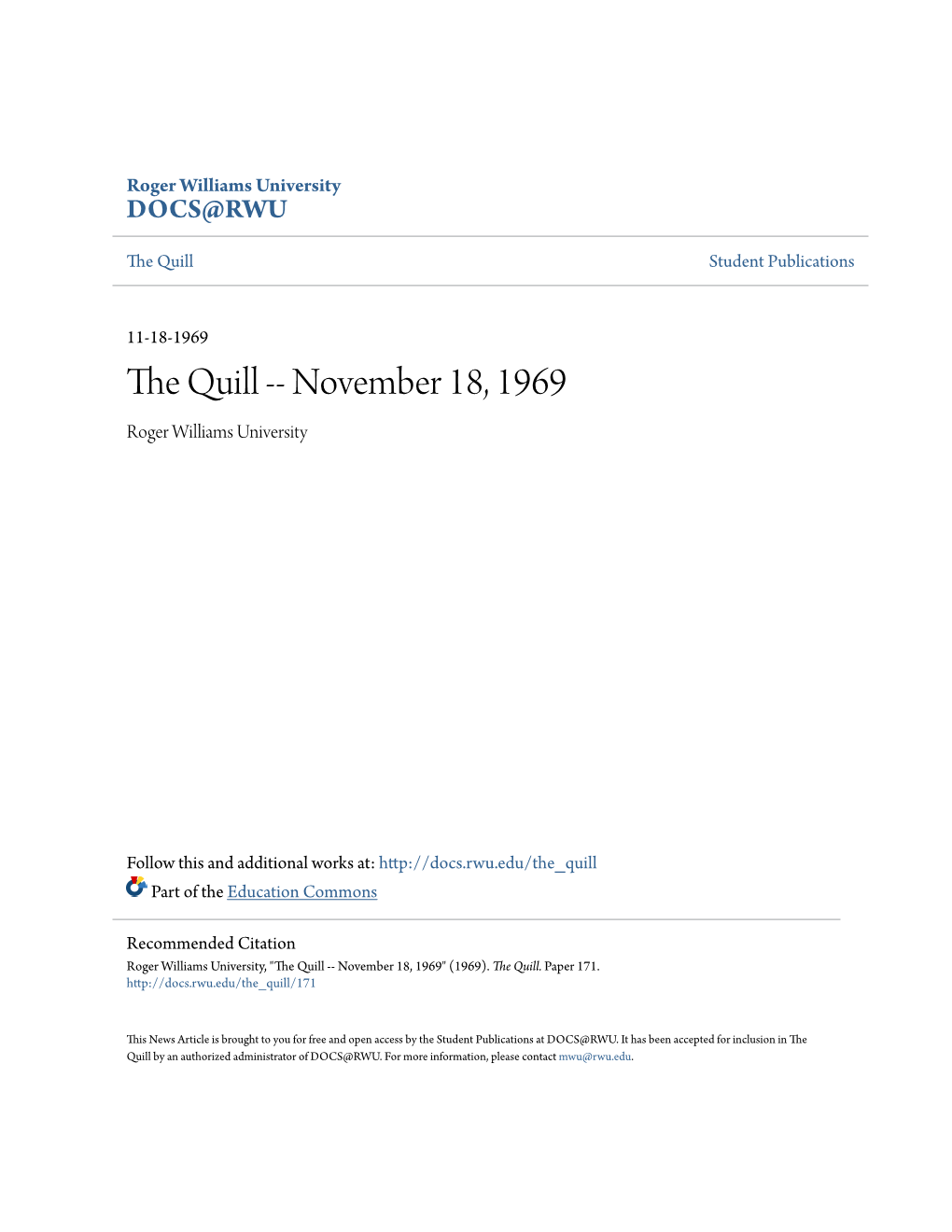 The Quill -- November 18, 1969 Roger Williams University