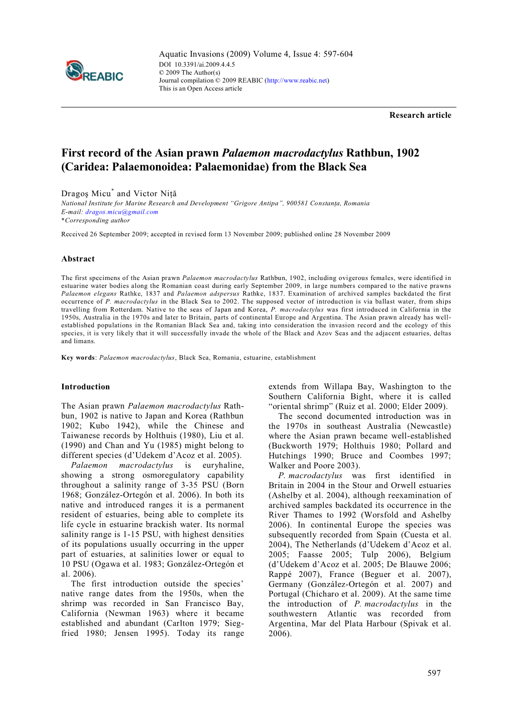 First Record of the Asian Prawn Palaemon Macrodactylus Rathbun, 1902 (Caridea: Palaemonoidea: Palaemonidae) from the Black Sea