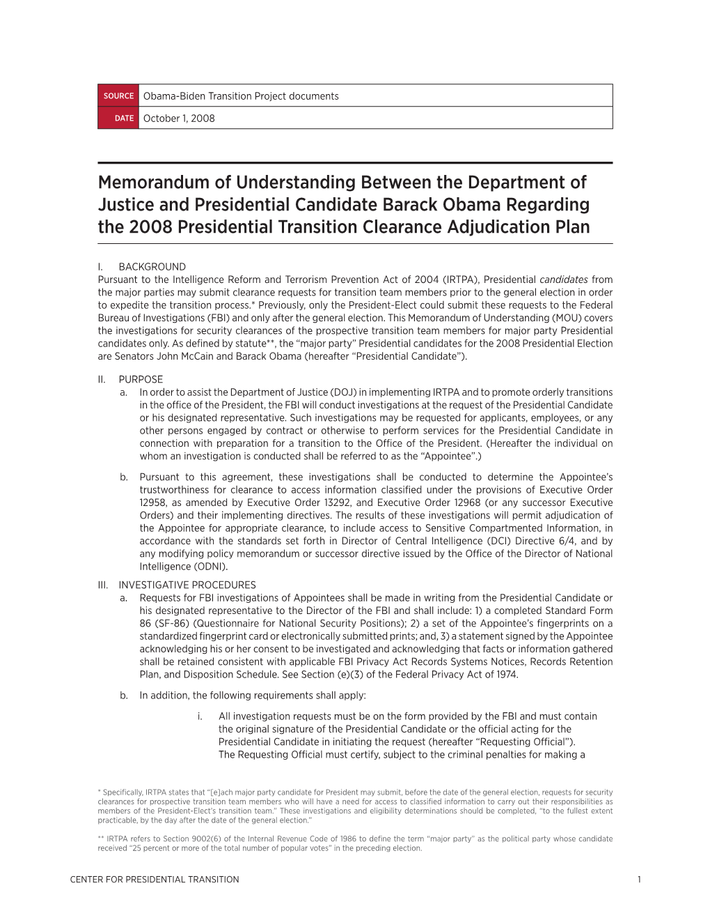 Memorandum of Understanding Between the Department of Justice