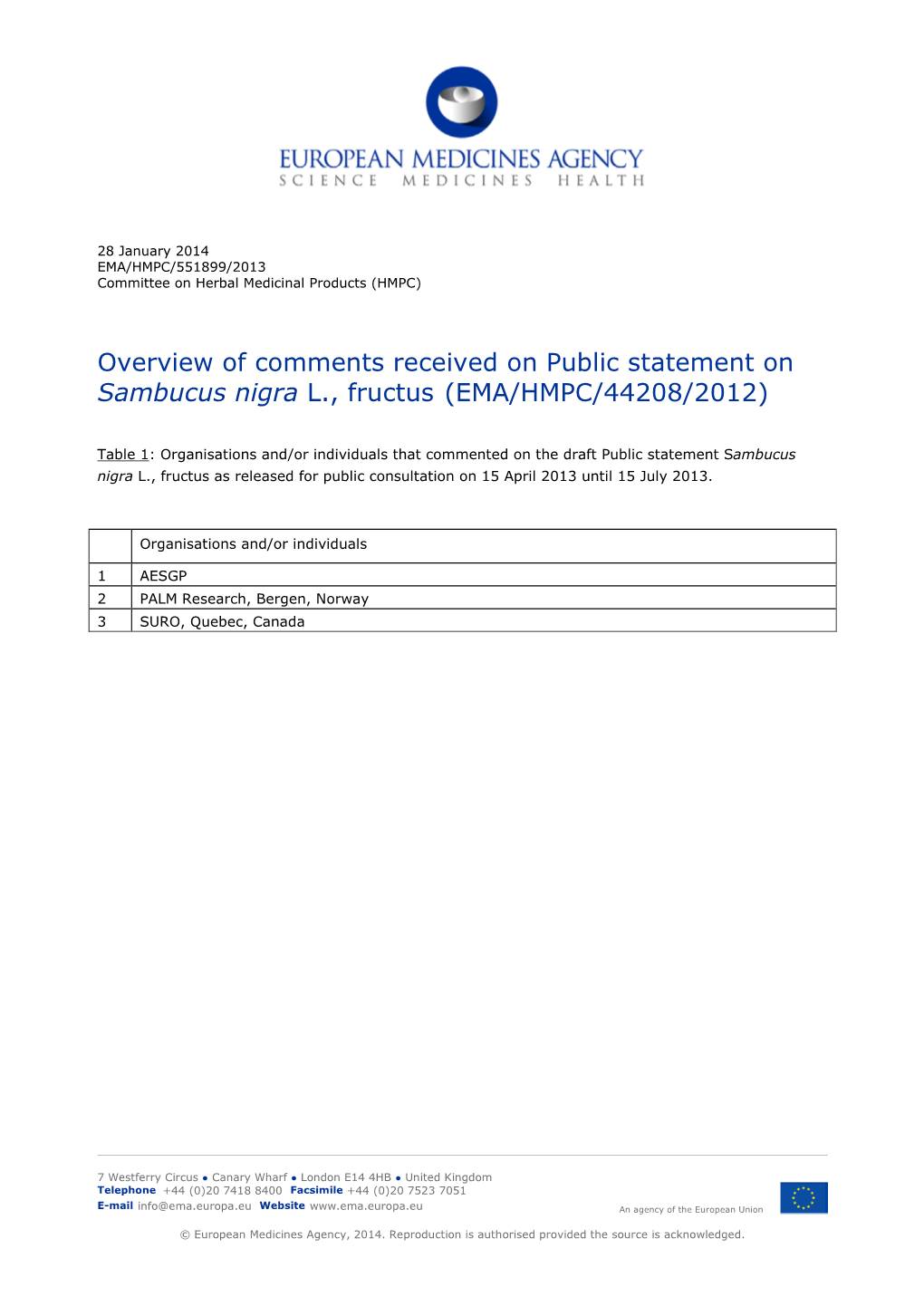 Overview of Comments Received on Public Statement on Sambucus Nigra L., Fructus (EMA/HMPC/44208/2012)