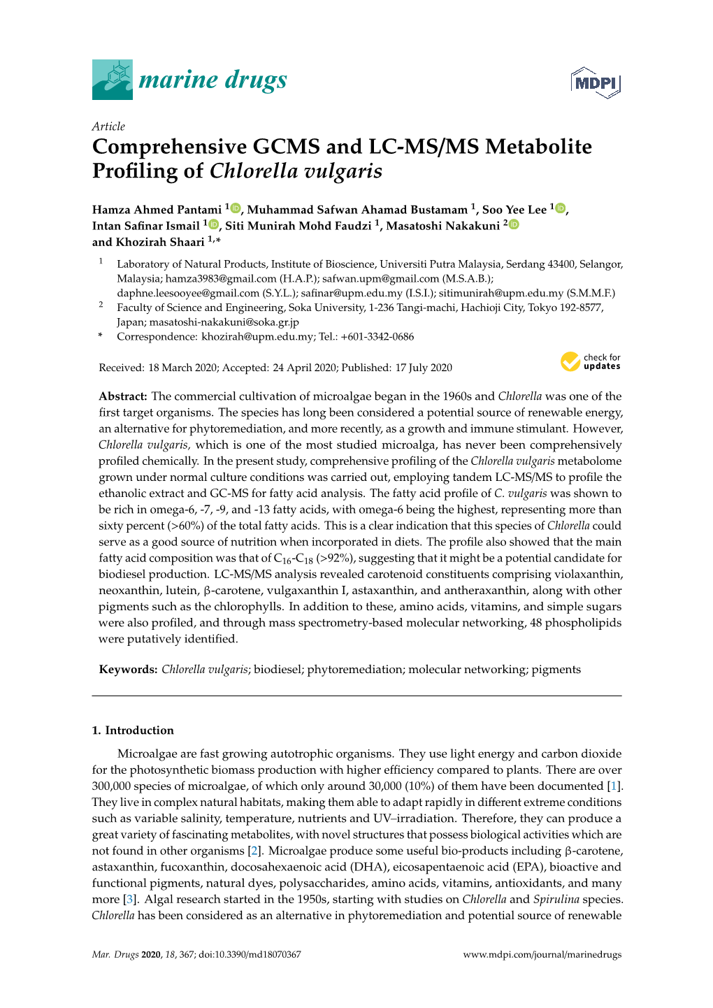 Comprehensive GCMS and LC-MS/MS Metabolite Profiling of Chlorella Vulgaris