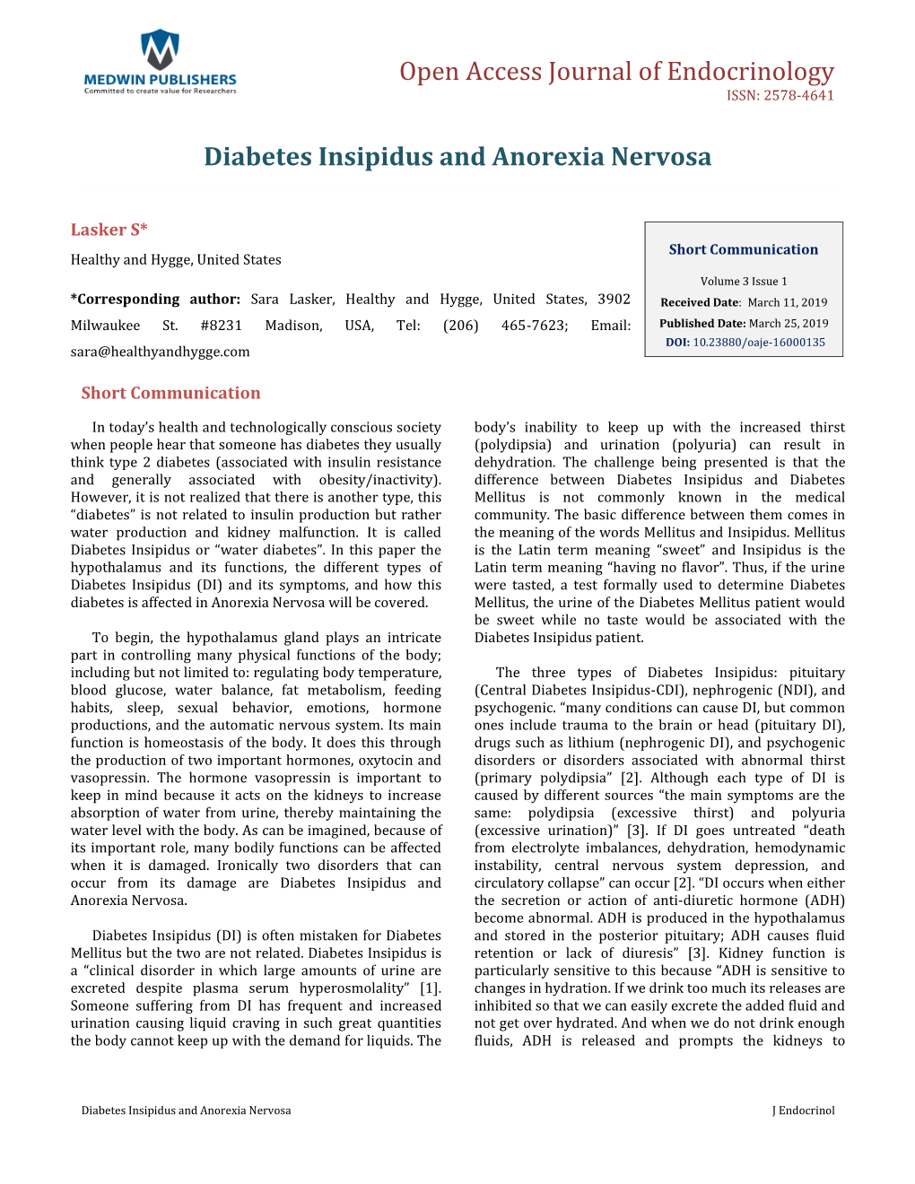 Diabetes Insipidus and Anorexia Nervosa