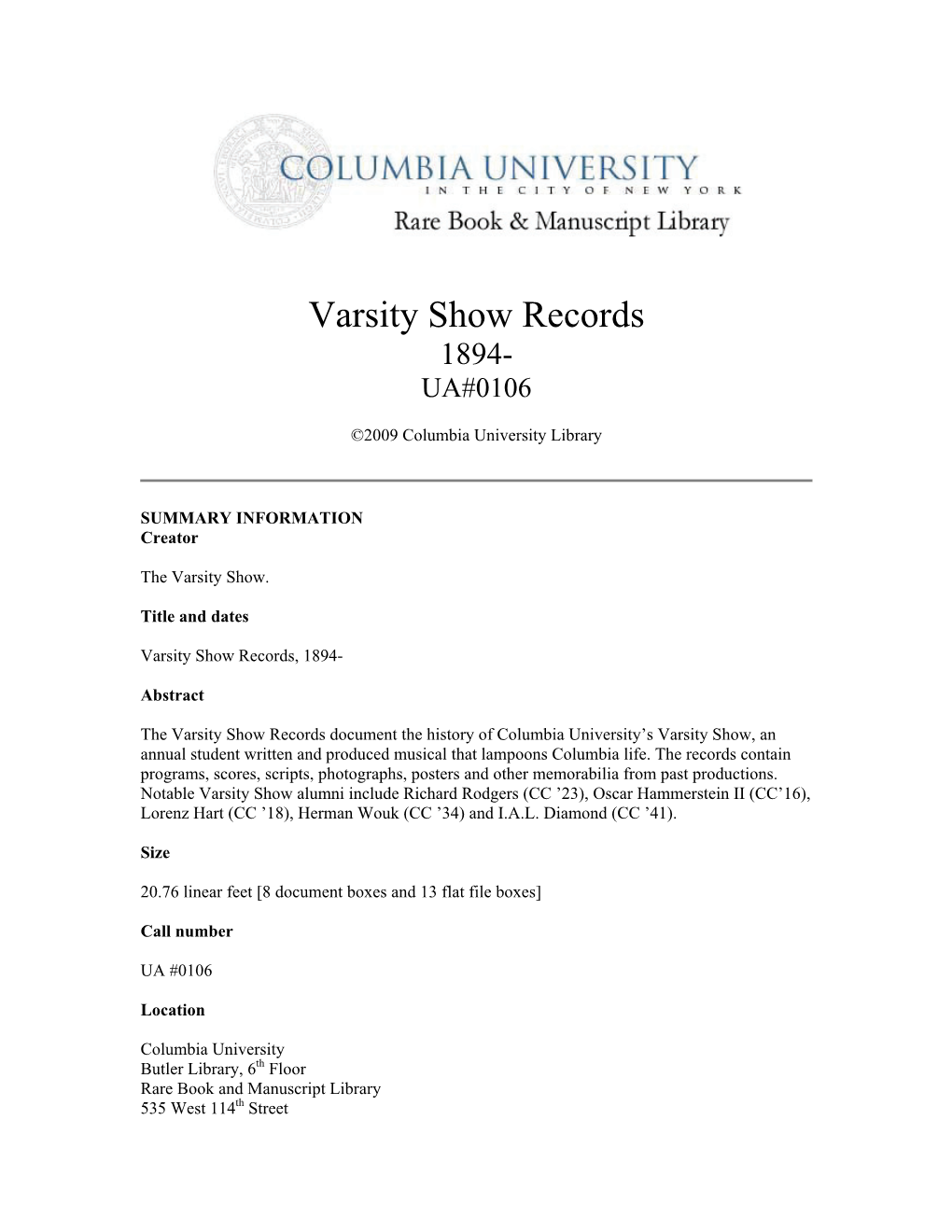 Varsity Show Records 1894- UA#0106