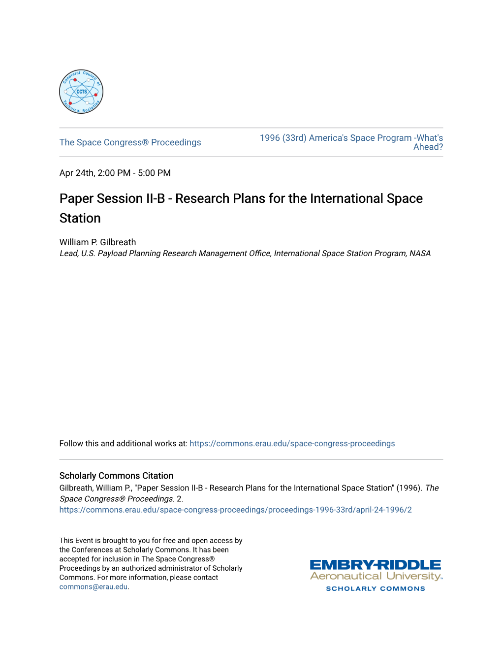 Paper Session II-B - Research Plans for the International Space Station