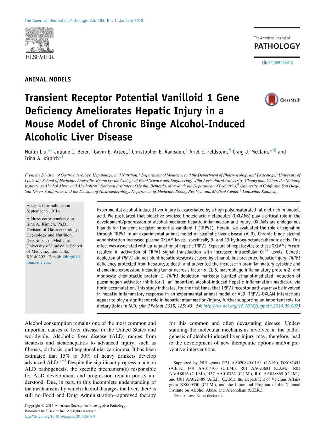 Transient Receptor Potential Vanilloid 1 Gene Deficiency Ameliorates Hepatic Injury in a Mouse Model of Chronic Binge Alcohol-In