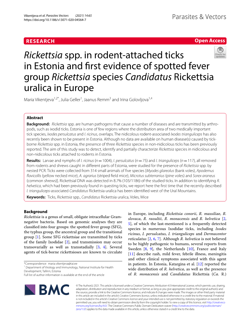 Rickettsia Spp. in Rodent-Attached Ticks in Estonia and First Evidence Of