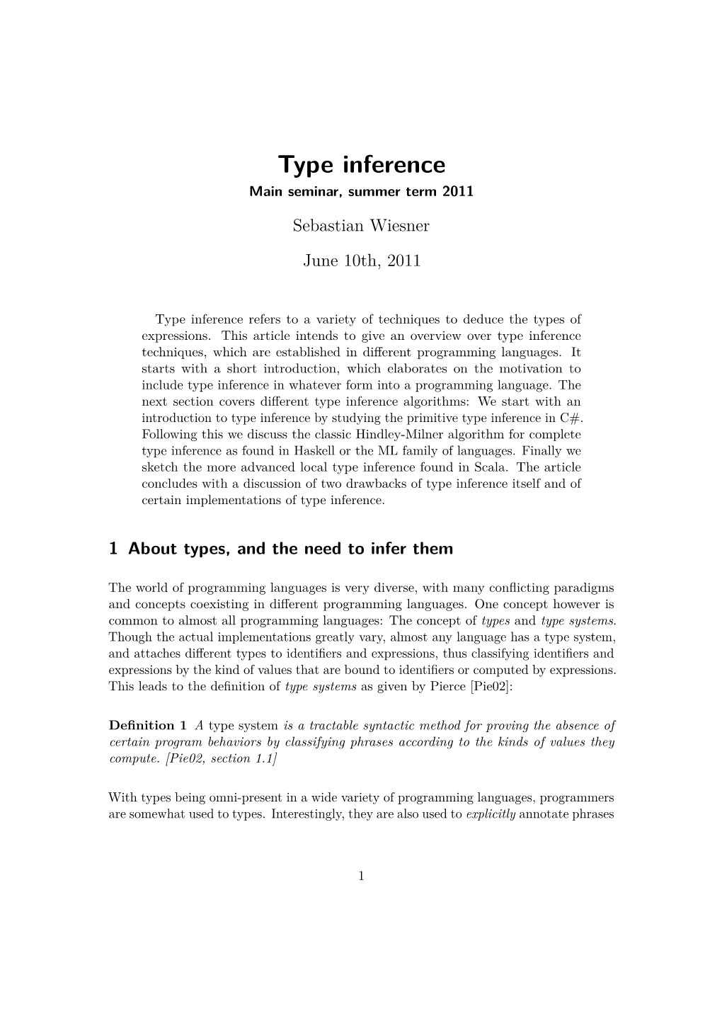 Type Inference Main Seminar, Summer Term 2011