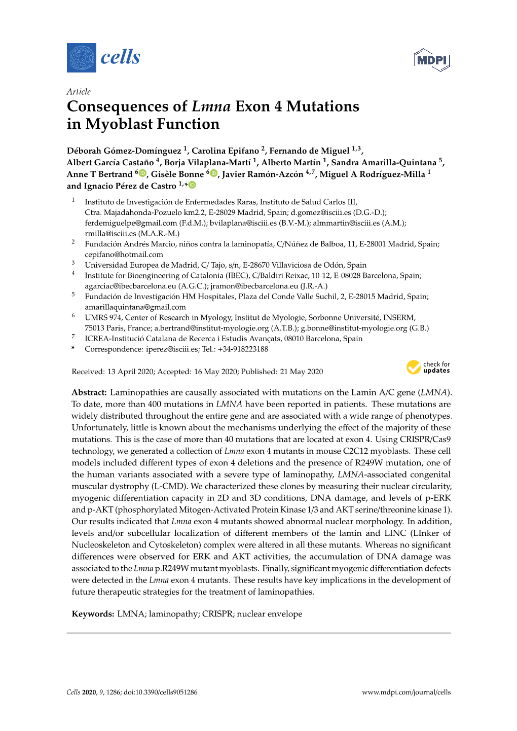 Consequences of Lmna Exon 4 Mutations in Myoblast Function