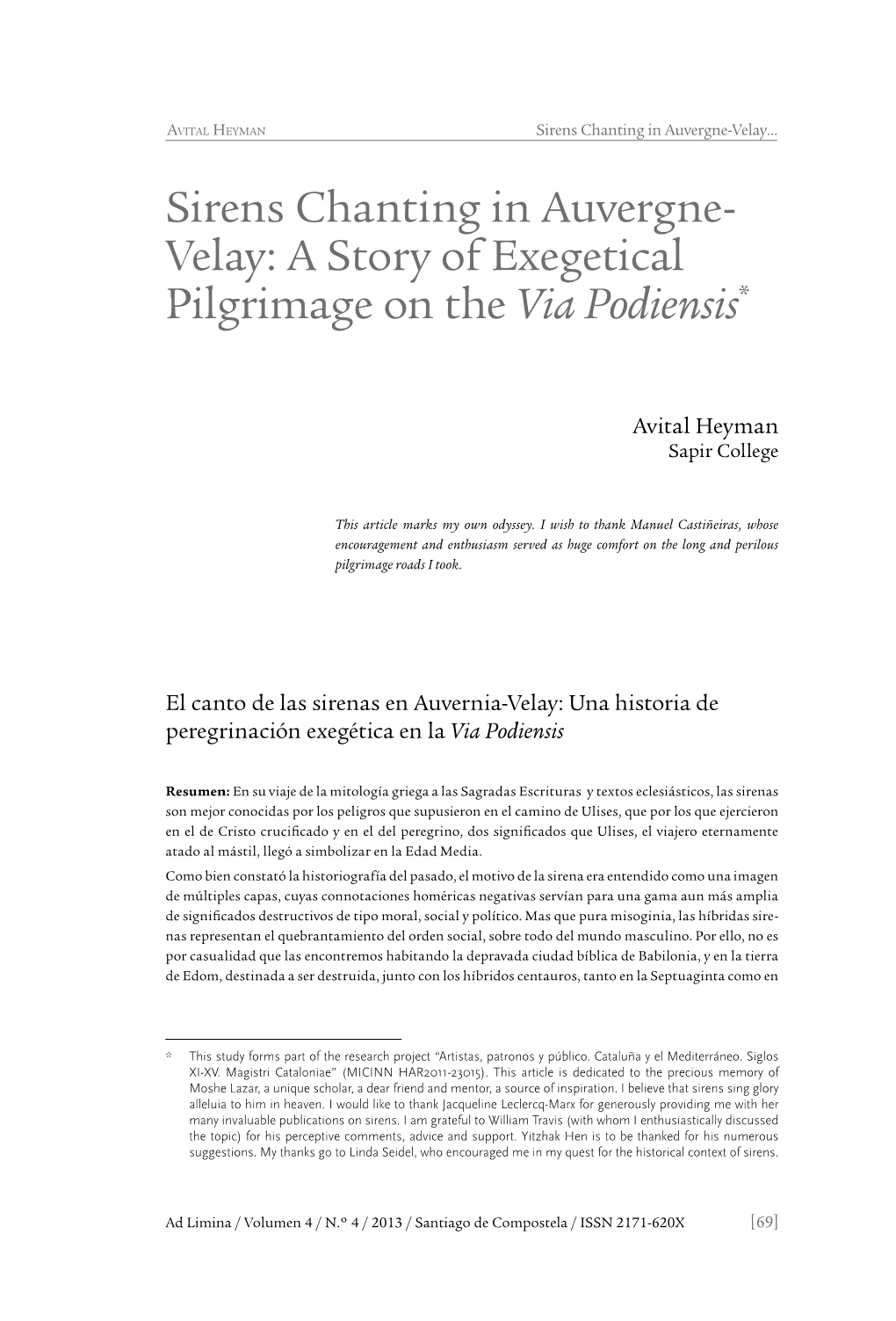 Sirens Chanting in Auvergne- Velay: a Story of Exegetical Pilgrimage on the Via Podiensis*