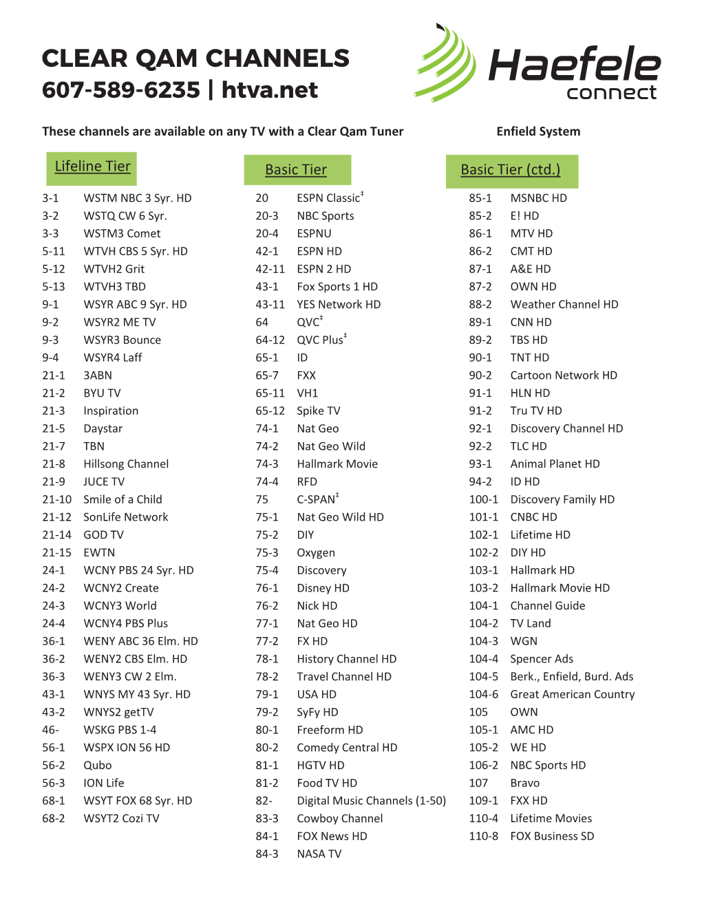 CLEAR QAM CHANNELS 607-589-6235 | Htva.Net