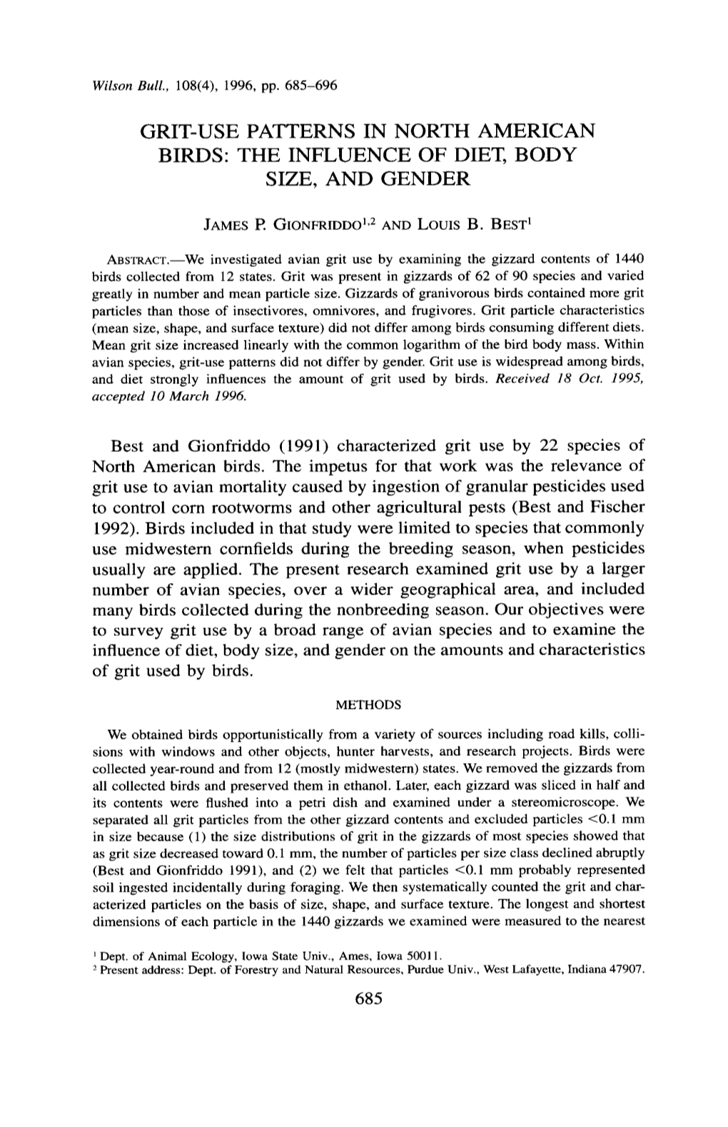 Grit-Use Patterns in North American Birds: the Influence of Diet, Body Size, and Gender