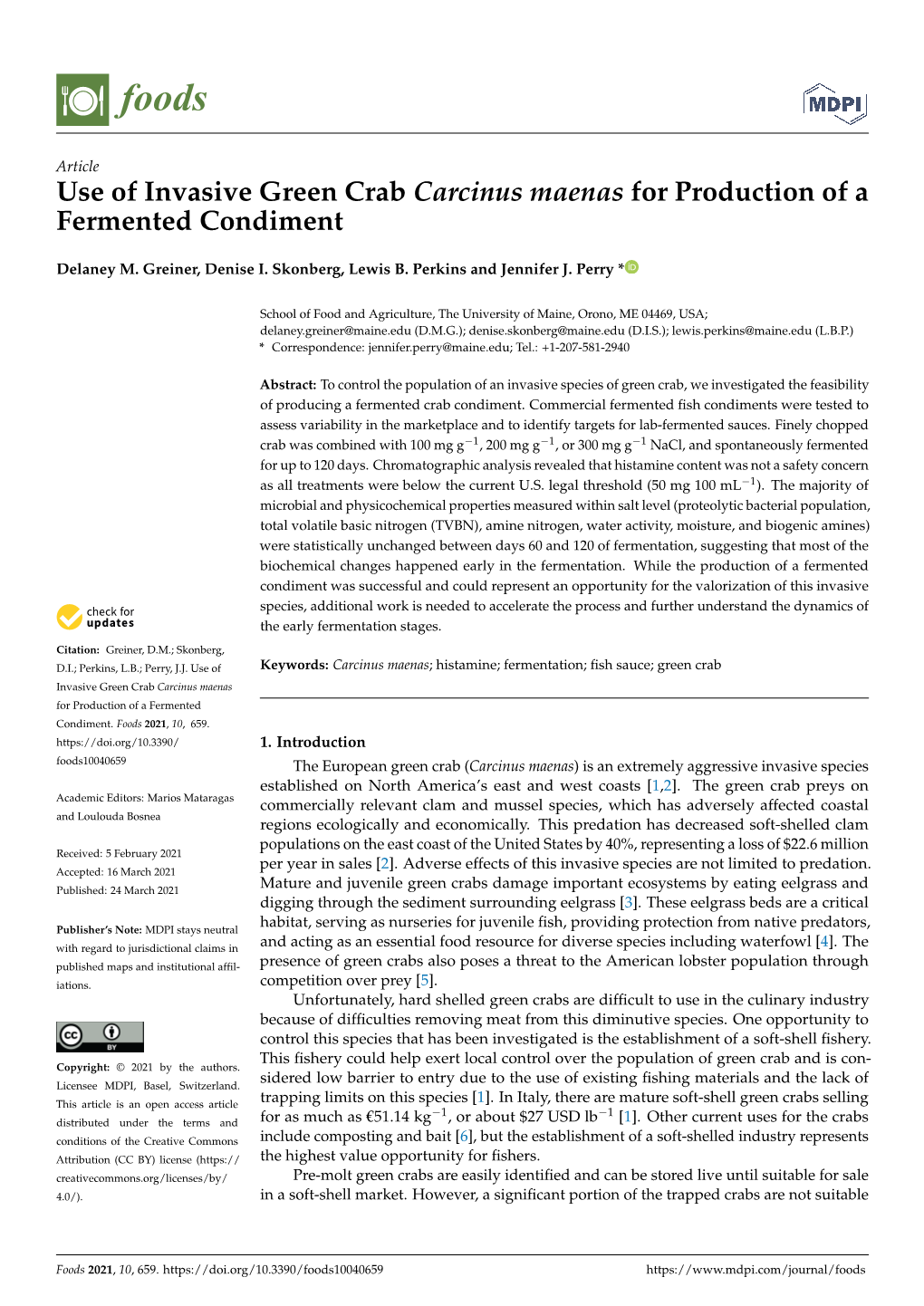 Use of Invasive Green Crab Carcinus Maenas for Production of a Fermented Condiment