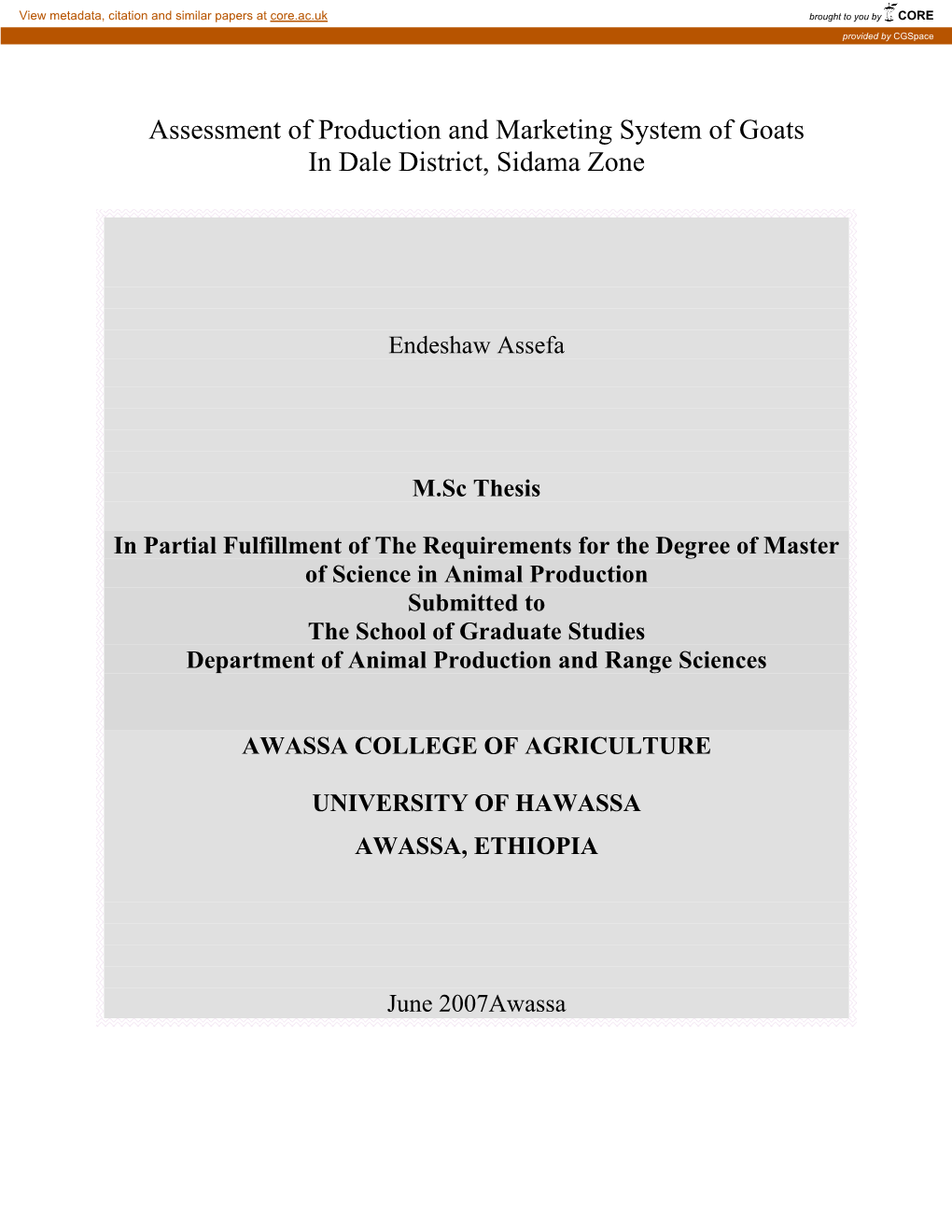 Assessment of Production and Marketing System of Goats in Dale District, Sidama Zone