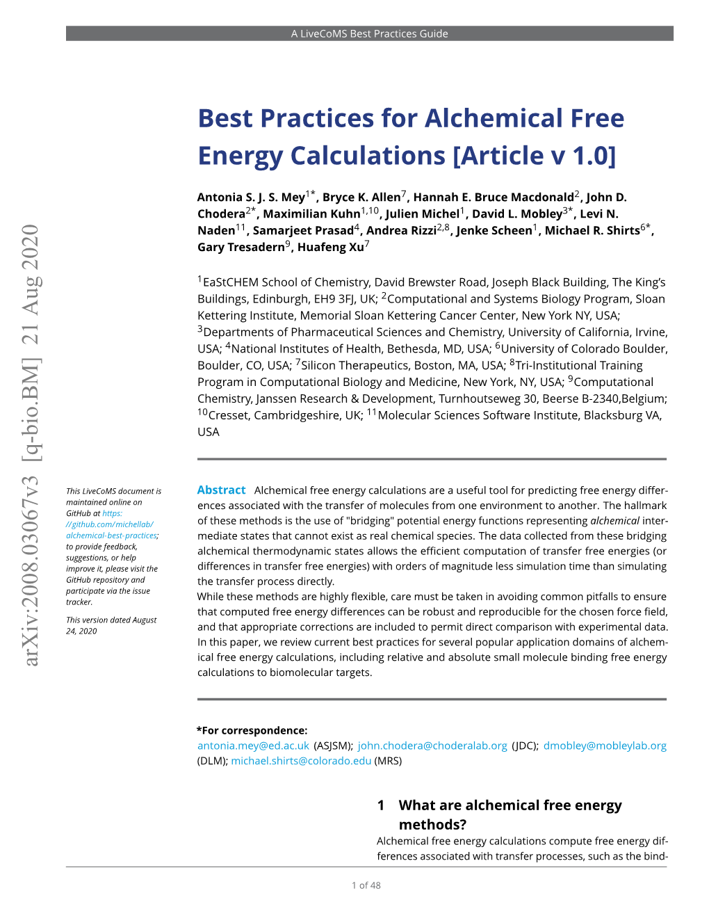 Best Practices for Alchemical Free Energy Calculations [Article V 1.0]